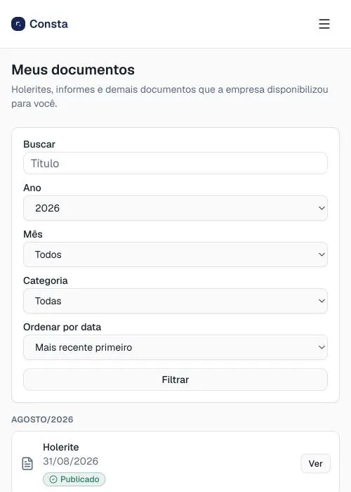 Portal do colaborador no Consta, visualização mobile com a lista de documentos