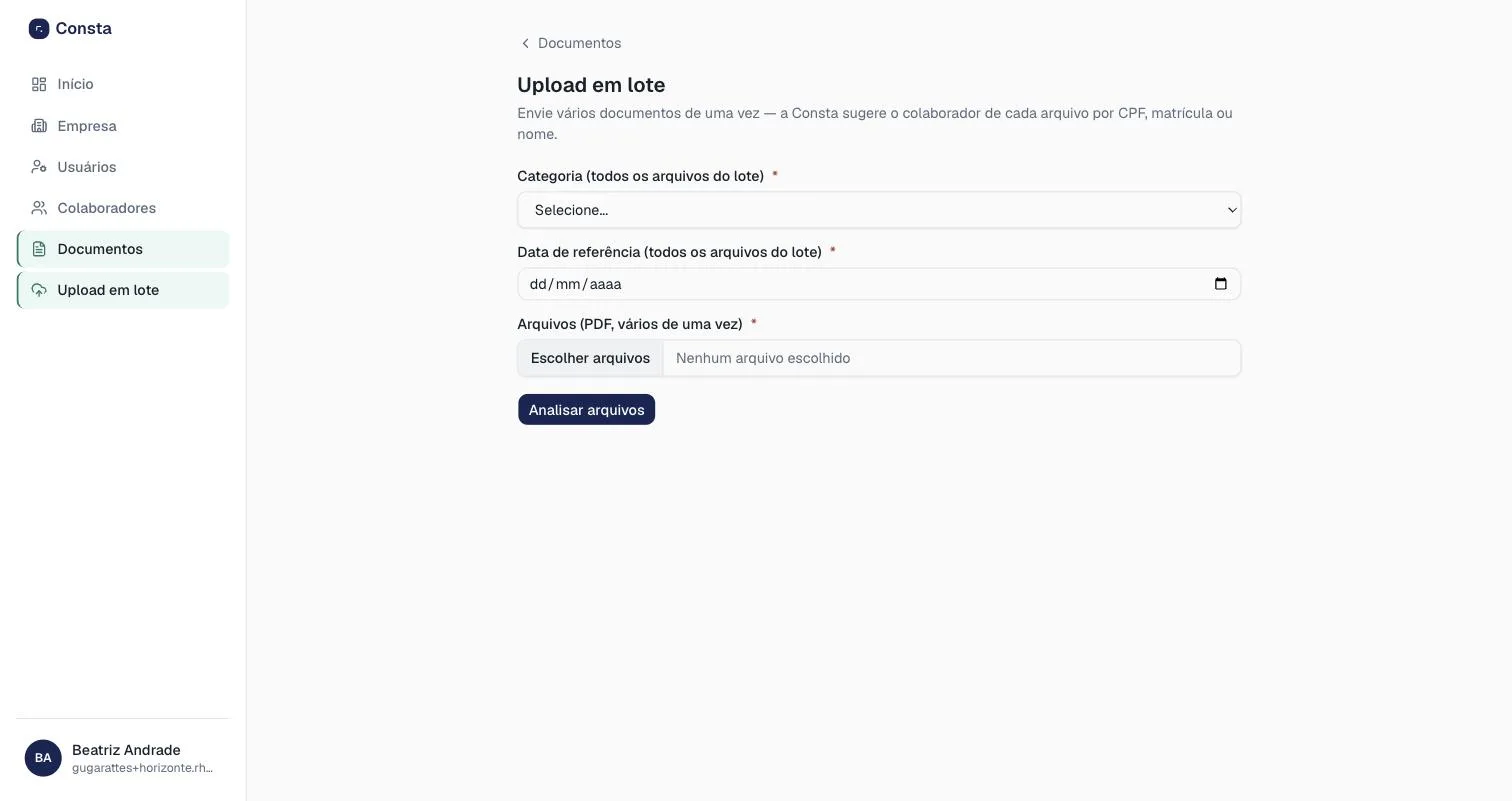 Tela de upload em lote de documentos no Consta